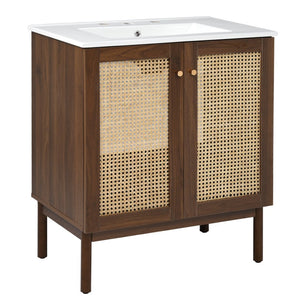 English Elm [video]30-inch Bathroom Vanity Bamboo Woven Doors Walnut Mdf Soft Close Gold Hardware N729P285517W