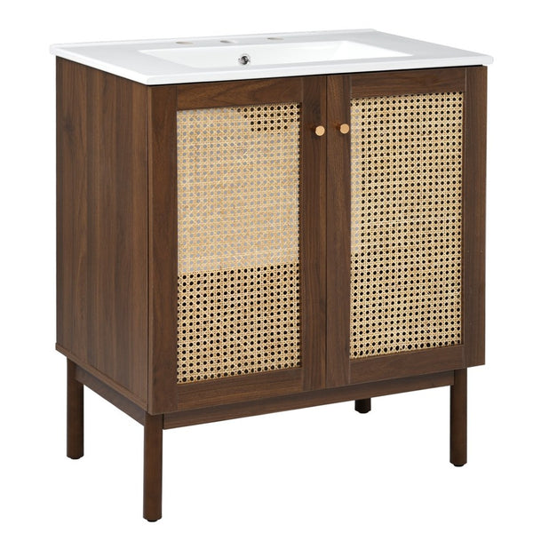 English Elm [video]30-inch Bathroom Vanity Bamboo Woven Doors Walnut Mdf Soft Close Gold Hardware N729P285517W