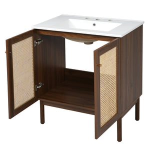 English Elm [video]30-inch Bathroom Vanity Bamboo Woven Doors Walnut Mdf Soft Close Gold Hardware N729P285517W