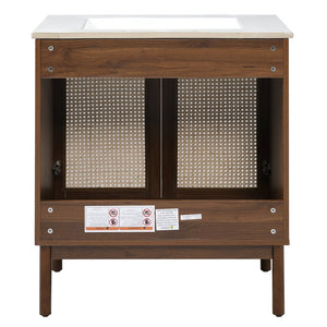 English Elm [video]30-inch Bathroom Vanity Bamboo Woven Doors Walnut Mdf Soft Close Gold Hardware N729P285517W