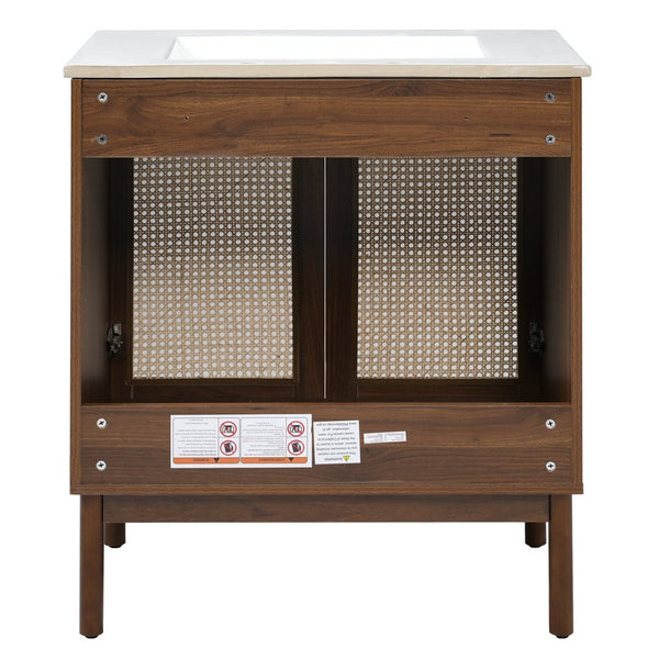 English Elm [video]30-inch Bathroom Vanity Bamboo Woven Doors Walnut Mdf Soft Close Gold Hardware N729P285517W