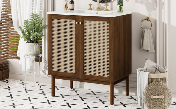 English Elm [video]30-inch Bathroom Vanity Bamboo Woven Doors Walnut Mdf Soft Close Gold Hardware N729P285517W