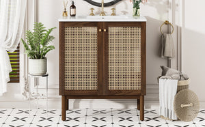 English Elm [video]30-inch Bathroom Vanity Bamboo Woven Doors Walnut Mdf Soft Close Gold Hardware N729P285517W