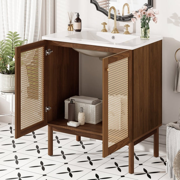 English Elm [video]30-inch Bathroom Vanity Bamboo Woven Doors Walnut Mdf Soft Close Gold Hardware N729P285517W