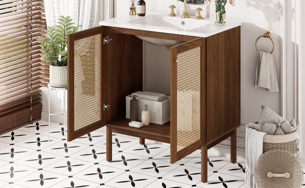 English Elm [video]30-inch Bathroom Vanity Bamboo Woven Doors Walnut Mdf Soft Close Gold Hardware N729P285517W