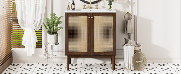 English Elm [video]30-inch Bathroom Vanity Bamboo Woven Doors Walnut Mdf Soft Close Gold Hardware N729P285517W