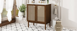 English Elm [video]30-inch Bathroom Vanity Bamboo Woven Doors Walnut Mdf Soft Close Gold Hardware N729P285517W