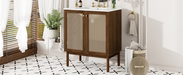 English Elm [video]30-inch Bathroom Vanity Bamboo Woven Doors Walnut Mdf Soft Close Gold Hardware N729P285517W