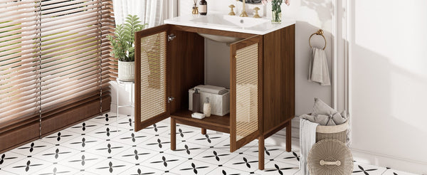 English Elm [video]30-inch Bathroom Vanity Bamboo Woven Doors Walnut Mdf Soft Close Gold Hardware N729P285517W