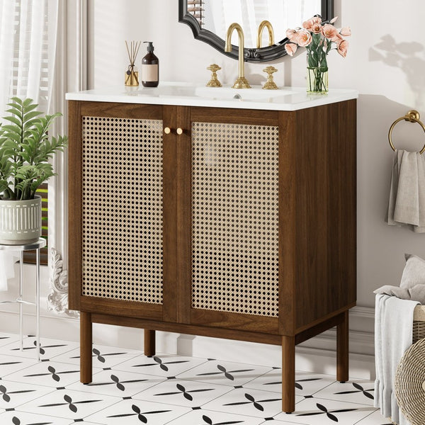 English Elm [video]30-inch Bathroom Vanity Bamboo Woven Doors Walnut Mdf Soft Close Gold Hardware N729P285517W