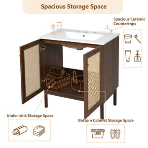 English Elm [video]30-inch Bathroom Vanity Bamboo Woven Doors Walnut Mdf Soft Close Gold Hardware N729P285517W