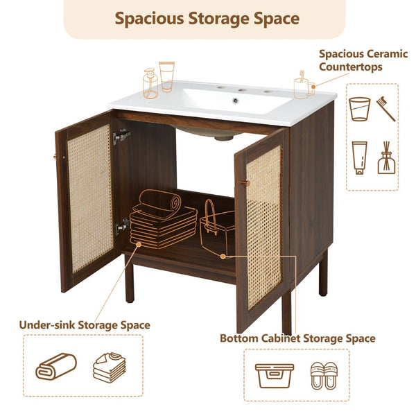 English Elm [video]30-inch Bathroom Vanity Bamboo Woven Doors Walnut Mdf Soft Close Gold Hardware N729P285517W