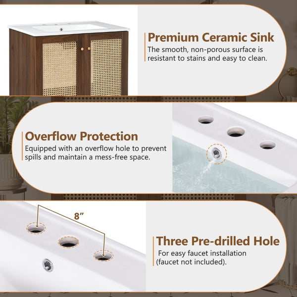 English Elm [video]30-inch Bathroom Vanity Bamboo Woven Doors Walnut Mdf Soft Close Gold Hardware N729P285517W