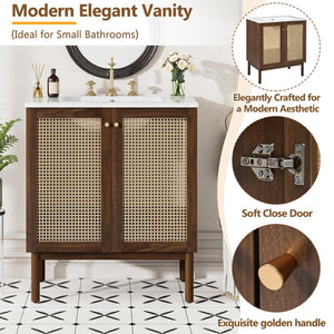 English Elm [video]30-inch Bathroom Vanity Bamboo Woven Doors Walnut Mdf Soft Close Gold Hardware N729P285517W
