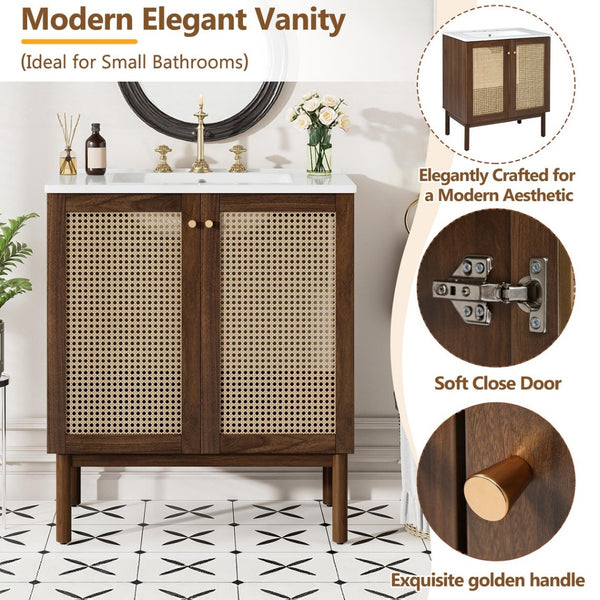 English Elm [video]30-inch Bathroom Vanity Bamboo Woven Doors Walnut Mdf Soft Close Gold Hardware N729P285517W