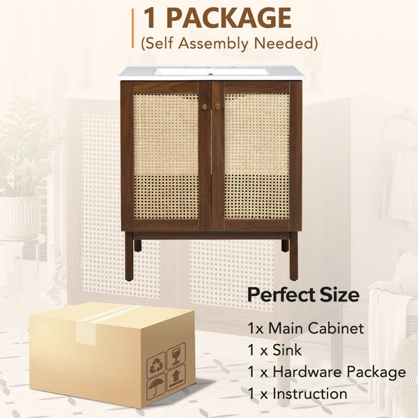 English Elm [video]30-inch Bathroom Vanity Bamboo Woven Doors Walnut Mdf Soft Close Gold Hardware N729P285517W
