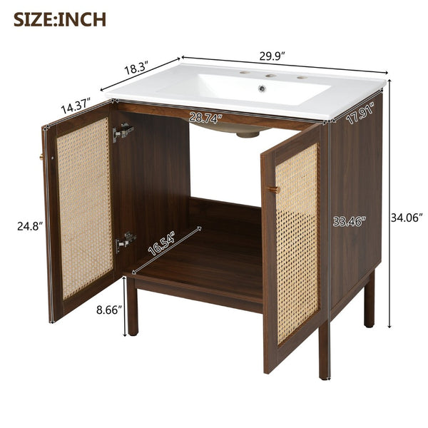 English Elm [video]30-inch Bathroom Vanity Bamboo Woven Doors Walnut Mdf Soft Close Gold Hardware N729P285517W