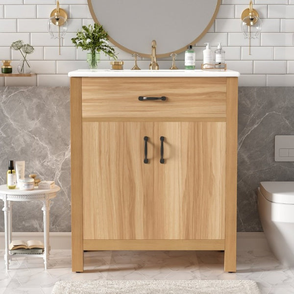 English Elm 30 Inch Acacia Wood Bathroom Vanity with Soft Close Doors Flip Drawer and Adjustable Shelf N729P338550N