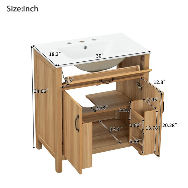 English Elm 30 Inch Acacia Wood Bathroom Vanity with Soft Close Doors Flip Drawer and Adjustable Shelf N729P338550N