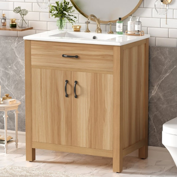 English Elm 30 Inch Acacia Wood Bathroom Vanity with Soft Close Doors Flip Drawer and Adjustable Shelf N729P338550N