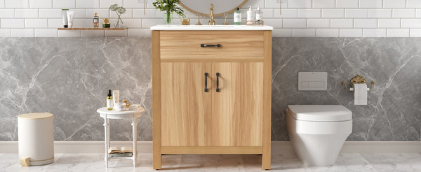 English Elm 30 Inch Acacia Wood Bathroom Vanity with Soft Close Doors Flip Drawer and Adjustable Shelf N729P338550N