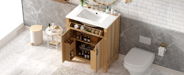 English Elm 30 Inch Acacia Wood Bathroom Vanity with Soft Close Doors Flip Drawer and Adjustable Shelf N729P338550N