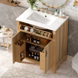 English Elm 30 Inch Acacia Wood Bathroom Vanity with Soft Close Doors Flip Drawer and Adjustable Shelf N729P338550N