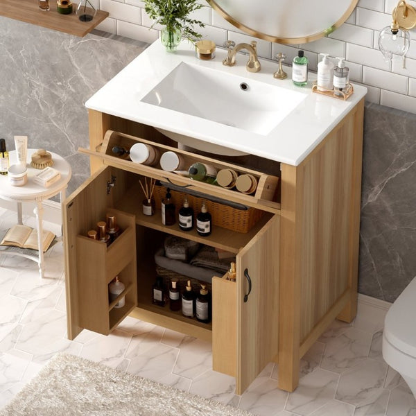 English Elm 30 Inch Acacia Wood Bathroom Vanity with Soft Close Doors Flip Drawer and Adjustable Shelf N729P338550N