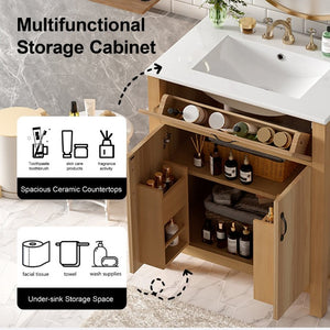 English Elm 30 Inch Acacia Wood Bathroom Vanity with Soft Close Doors Flip Drawer and Adjustable Shelf N729P338550N