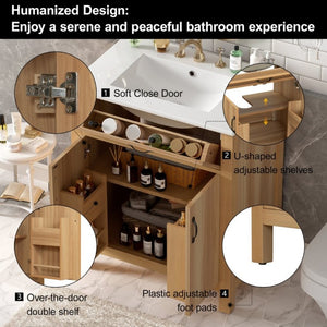 English Elm 30 Inch Acacia Wood Bathroom Vanity with Soft Close Doors Flip Drawer and Adjustable Shelf N729P338550N