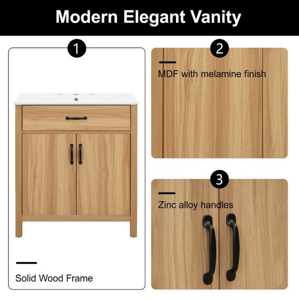 English Elm 30 Inch Acacia Wood Bathroom Vanity with Soft Close Doors Flip Drawer and Adjustable Shelf N729P338550N