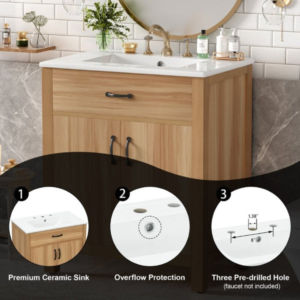 English Elm 30 Inch Acacia Wood Bathroom Vanity with Soft Close Doors Flip Drawer and Adjustable Shelf N729P338550N