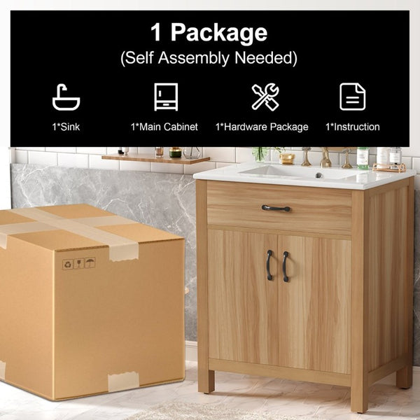 English Elm 30 Inch Acacia Wood Bathroom Vanity with Soft Close Doors Flip Drawer and Adjustable Shelf N729P338550N