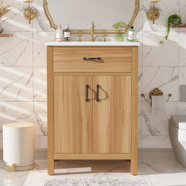 English Elm 24 Inch Freestanding Bathroom Vanity Solid Wood Frame Ceramic Sink Soft Close Storage N729P338553N