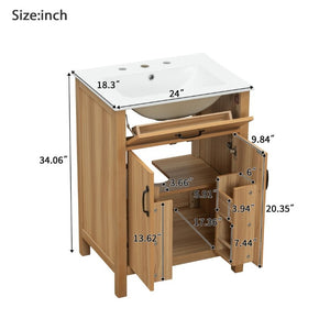 English Elm 24 Inch Freestanding Bathroom Vanity Solid Wood Frame Ceramic Sink Soft Close Storage N729P338553N
