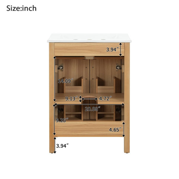 English Elm 24 Inch Freestanding Bathroom Vanity Solid Wood Frame Ceramic Sink Soft Close Storage N729P338553N
