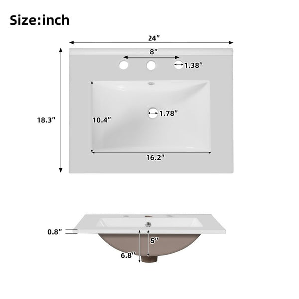 English Elm 24 Inch Freestanding Bathroom Vanity Solid Wood Frame Ceramic Sink Soft Close Storage N729P338553N