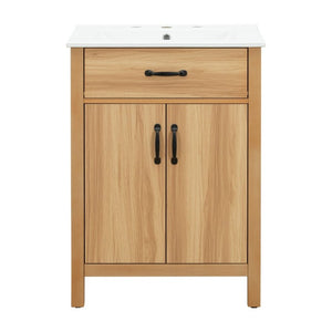 English Elm 24 Inch Freestanding Bathroom Vanity Solid Wood Frame Ceramic Sink Soft Close Storage N729P338553N