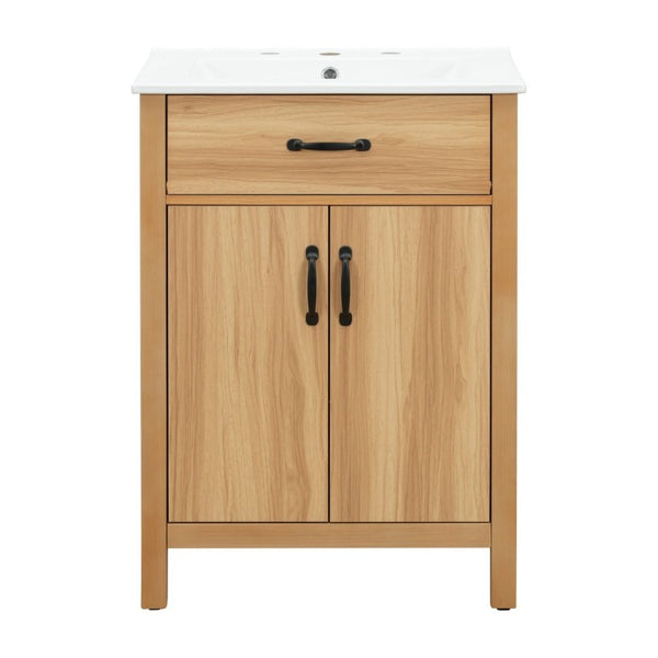 English Elm 24 Inch Freestanding Bathroom Vanity Solid Wood Frame Ceramic Sink Soft Close Storage N729P338553N