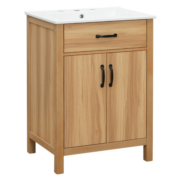 English Elm 24 Inch Freestanding Bathroom Vanity Solid Wood Frame Ceramic Sink Soft Close Storage N729P338553N