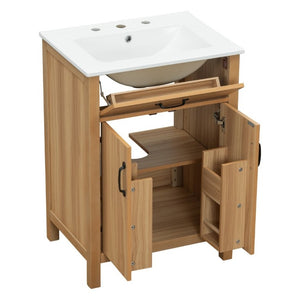 English Elm 24 Inch Freestanding Bathroom Vanity Solid Wood Frame Ceramic Sink Soft Close Storage N729P338553N