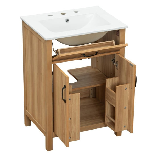 English Elm 24 Inch Freestanding Bathroom Vanity Solid Wood Frame Ceramic Sink Soft Close Storage N729P338553N