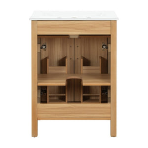 English Elm 24 Inch Freestanding Bathroom Vanity Solid Wood Frame Ceramic Sink Soft Close Storage N729P338553N