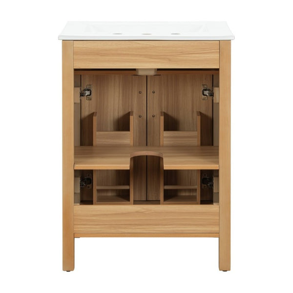 English Elm 24 Inch Freestanding Bathroom Vanity Solid Wood Frame Ceramic Sink Soft Close Storage N729P338553N