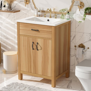 English Elm 24 Inch Freestanding Bathroom Vanity Solid Wood Frame Ceramic Sink Soft Close Storage N729P338553N