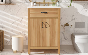 English Elm 24 Inch Freestanding Bathroom Vanity Solid Wood Frame Ceramic Sink Soft Close Storage N729P338553N