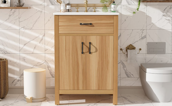 English Elm 24 Inch Freestanding Bathroom Vanity Solid Wood Frame Ceramic Sink Soft Close Storage N729P338553N