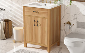 English Elm 24 Inch Freestanding Bathroom Vanity Solid Wood Frame Ceramic Sink Soft Close Storage N729P338553N