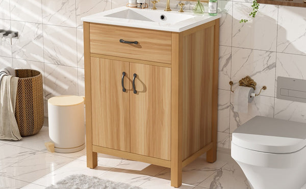 English Elm 24 Inch Freestanding Bathroom Vanity Solid Wood Frame Ceramic Sink Soft Close Storage N729P338553N