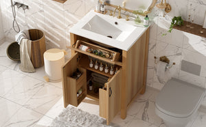 English Elm 24 Inch Freestanding Bathroom Vanity Solid Wood Frame Ceramic Sink Soft Close Storage N729P338553N
